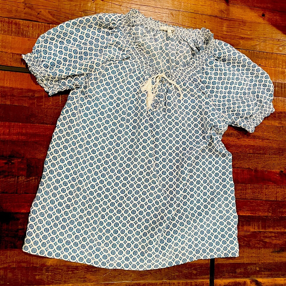 Josie front tie patterned 100% silk blouse, Size L